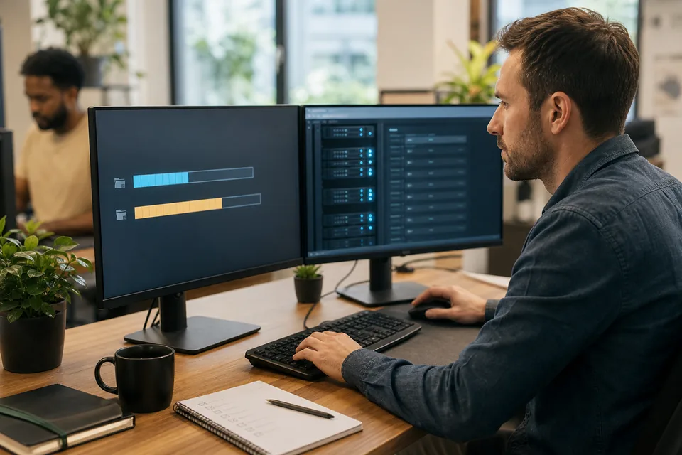 Programista przenosi stronę firmową na nowy serwer, na monitorach postęp kopiowania plików