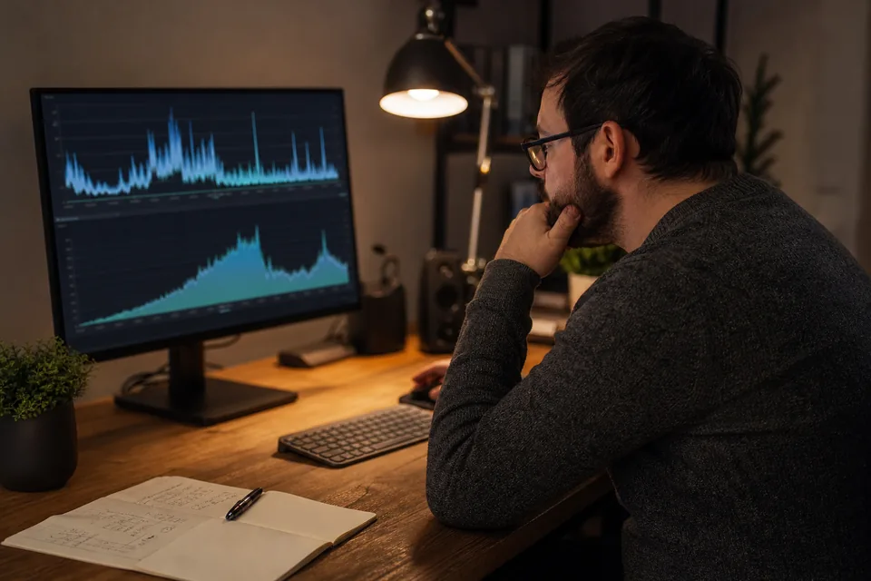 Programista sprawdza na monitorze wykres zużycia procesora strony na hostingu